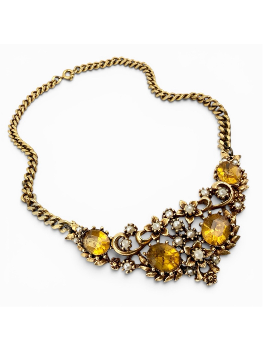 Vintage Jewelcraft Amber Rhinestone Necklace Gold Tone Floral Choker Faux Pearl